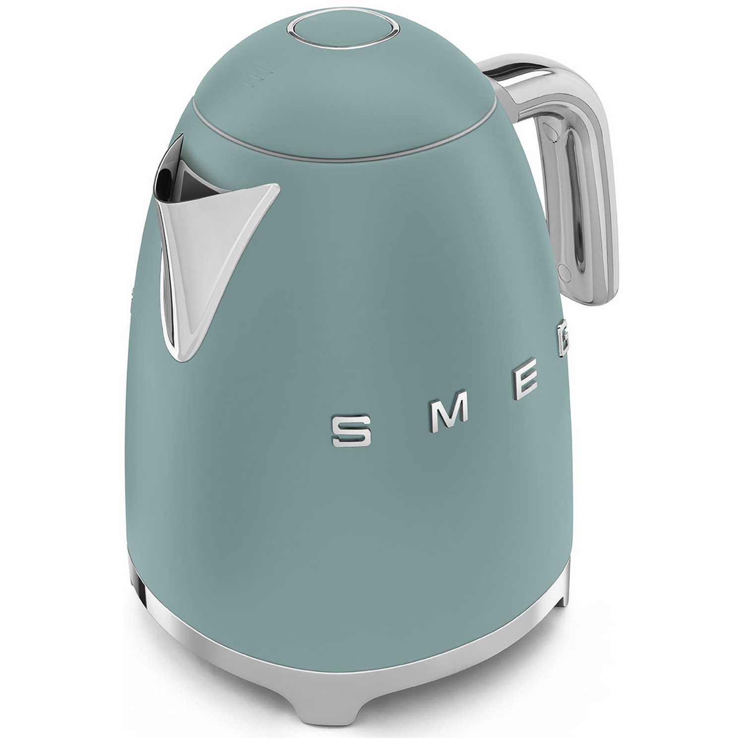 Une bouilloire Smeg turquoise avec une poignée et un bec verseur argentés, sur fond blanc. Le mot SMEG est sur la bouilloire.