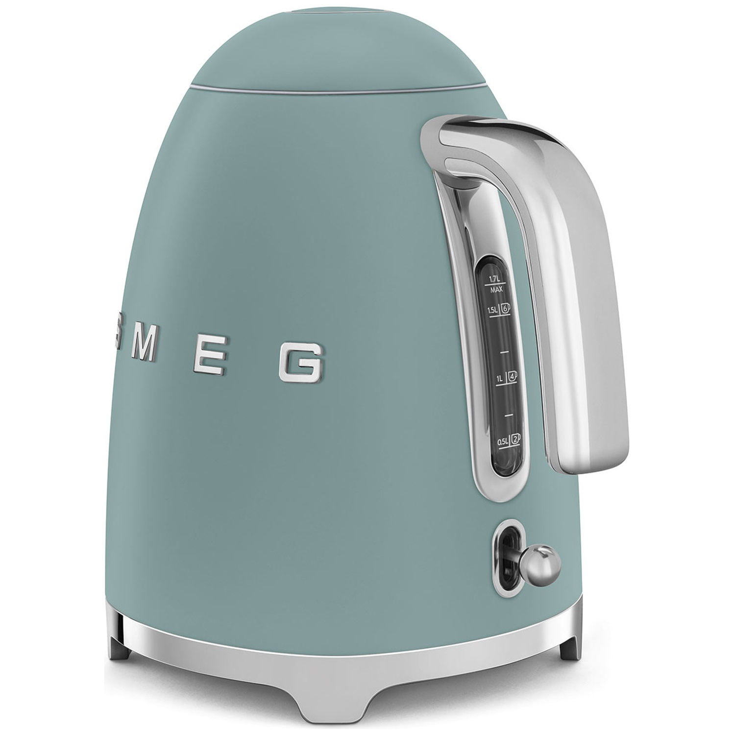 Une bouilloire électrique turquoise avec une poignée et une base chromées. Le mot 'SMEG' est sur le devant. Elle a un indicateur de niveau d'eau.