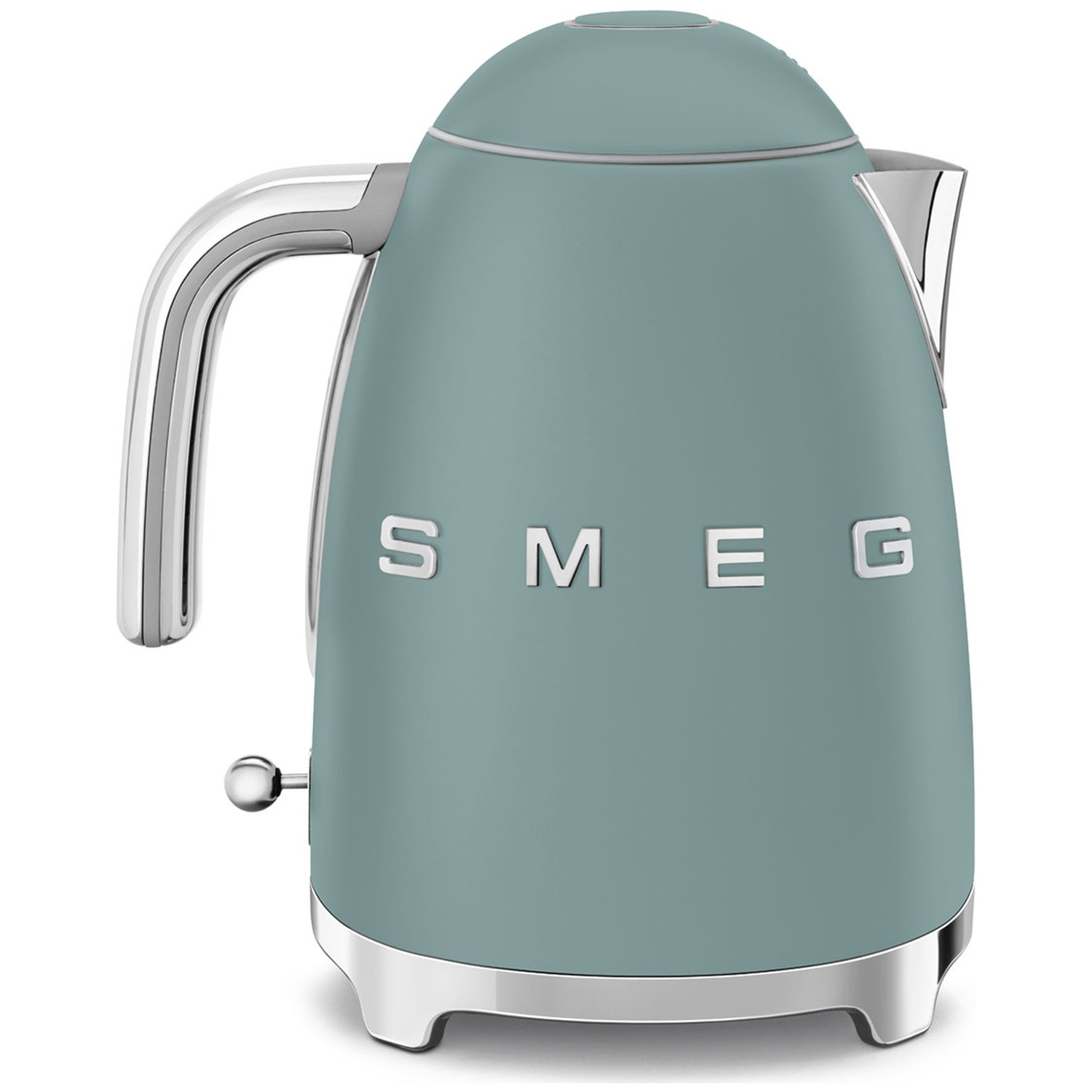 Une bouilloire Smeg sarcelle avec une poignée et une base chromées. Le mot 'SMEG' est visible. Sur fond blanc.