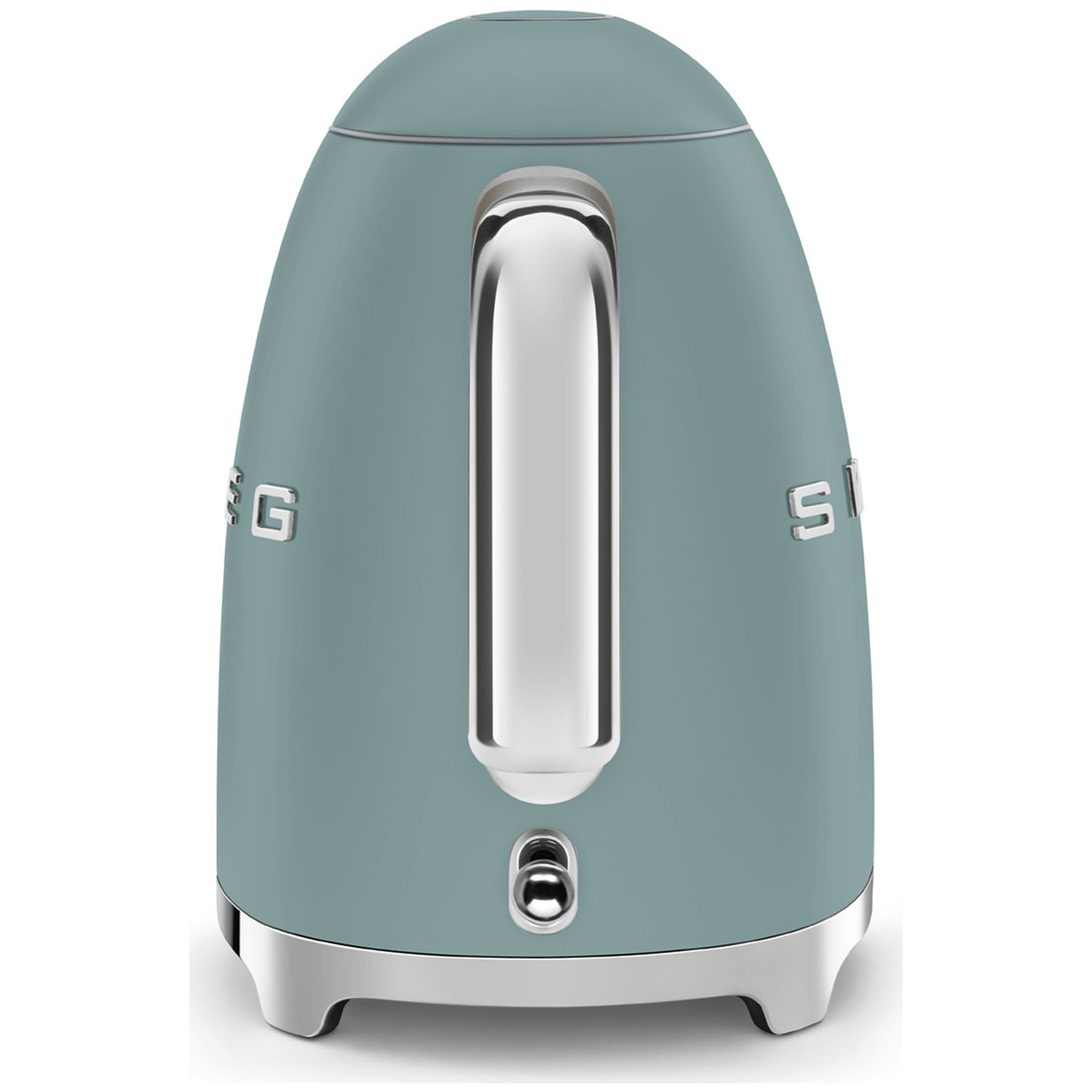 Une bouilloire Smeg turquoise avec une poignée et une base argentées. La marque est visible sur le côté.