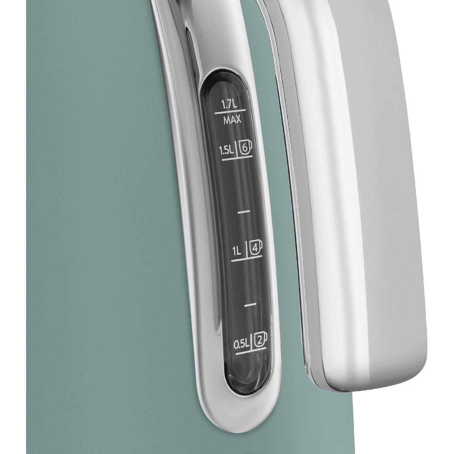 Gros plan sur une bouilloire électrique turquoise avec une jauge de niveau d'eau. La jauge indique des mesures en litres, de 0,5 L à 1,7 L.