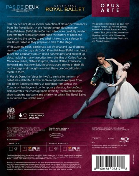 Ballett-DVD-Cover. Ein männlicher und weiblicher Tänzer in Ballett-Kleidung. Der Text lautet 'Essential Royal Ballet' und 'Opus Arte'.