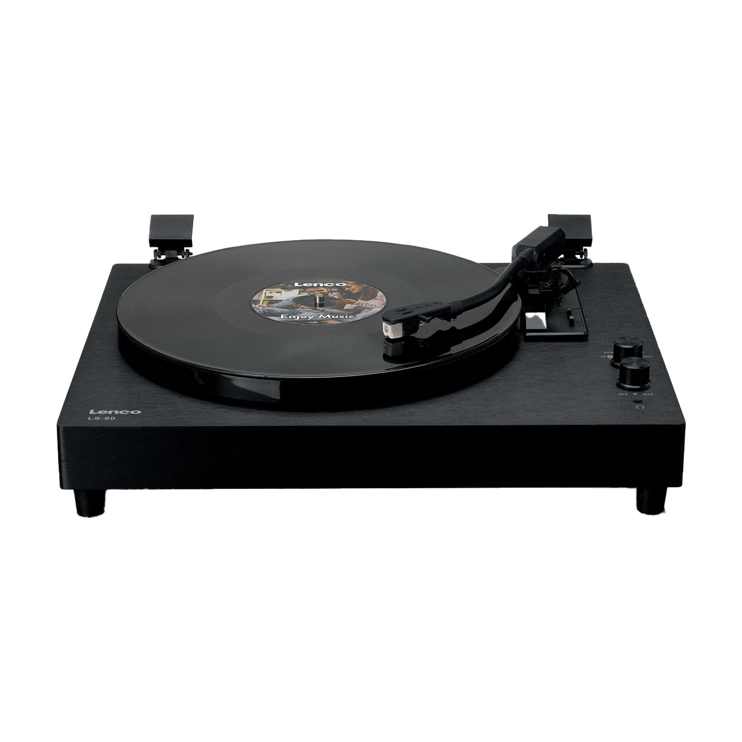 Un giradischi Lenco LS-60 nero con un disco in vinile. Il giradischi ha un braccio e manopole. Lo sfondo è bianco.