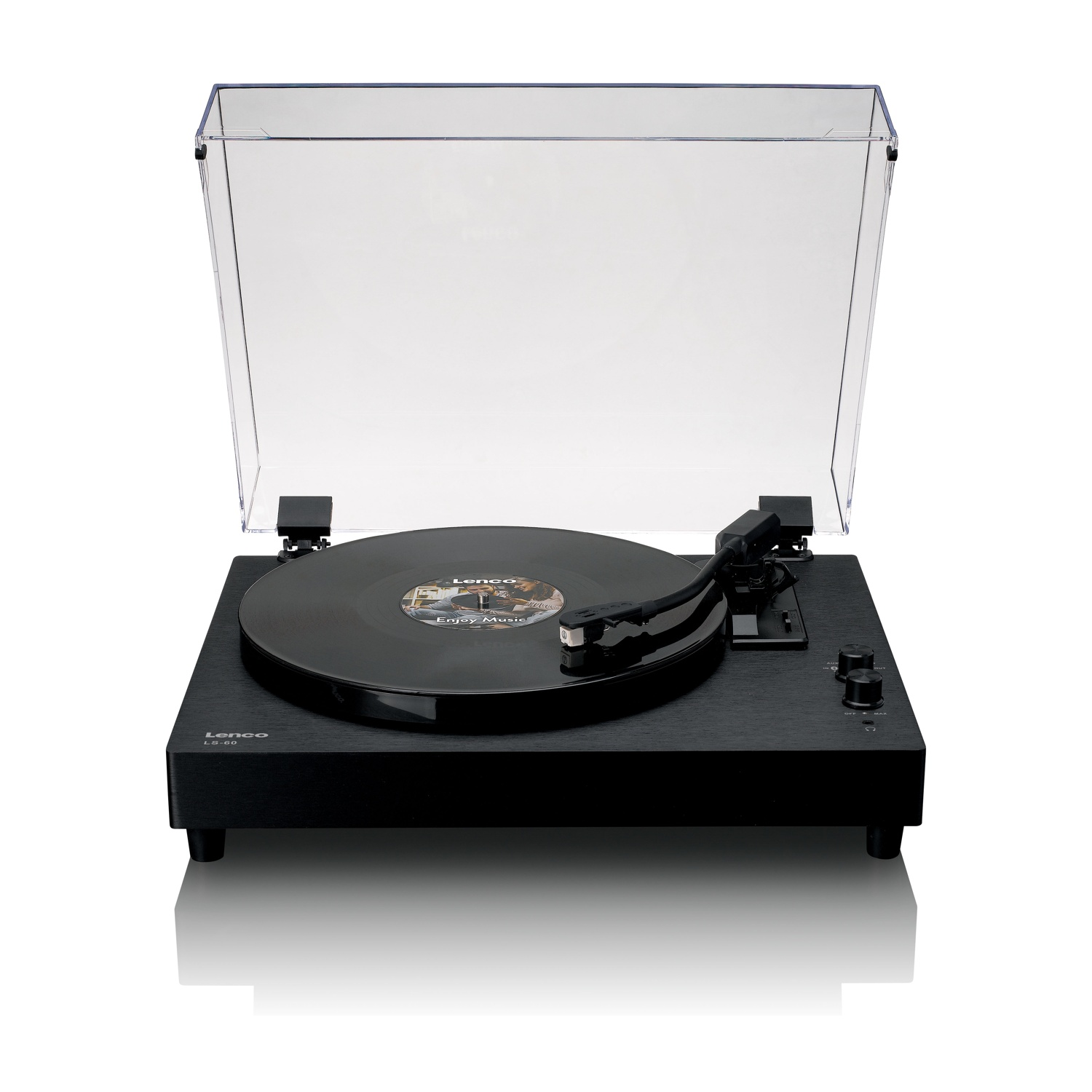 Un giradischi Lenco nero con una copertura in plastica trasparente. Un disco in vinile è sul giradischi. La copertura è aperta.