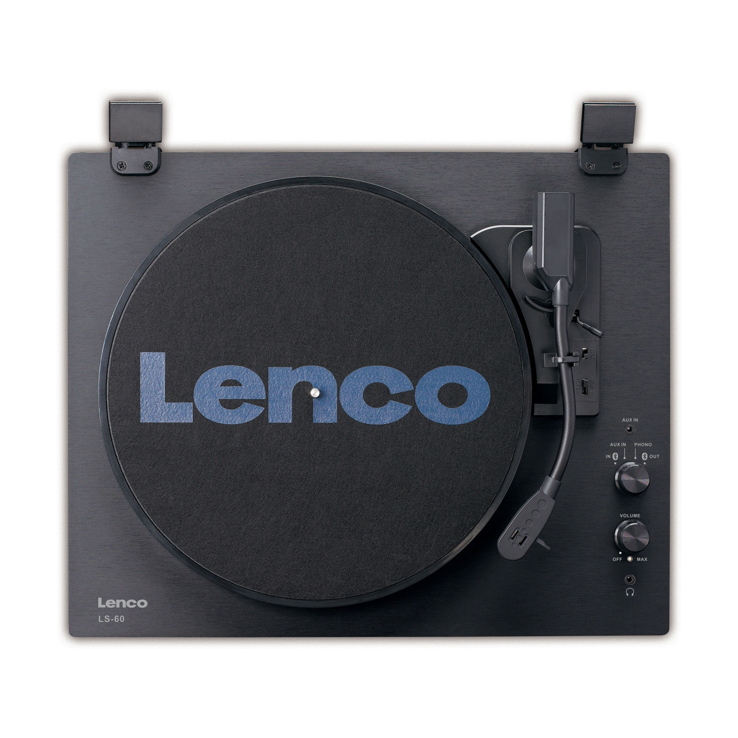 Un giradischi Lenco LS-60 nero. Ha un piatto nero con il logo Lenco blu, un braccio e manopole di controllo.