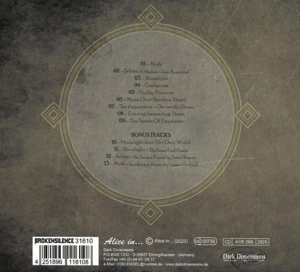 CD-Cover mit Titelliste, kunstvollem Kreisdesign, dunklem Hintergrund und Text wie 'Dark Dimensions' und 'Alice in...'