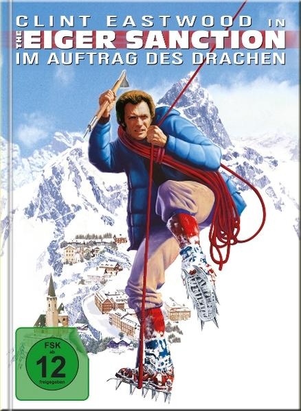 Clint Eastwood klettert einen Berg, hält eine Eisaxt und trägt Bergsteigerausrüstung. Filmplakat für The Eiger Sanction.