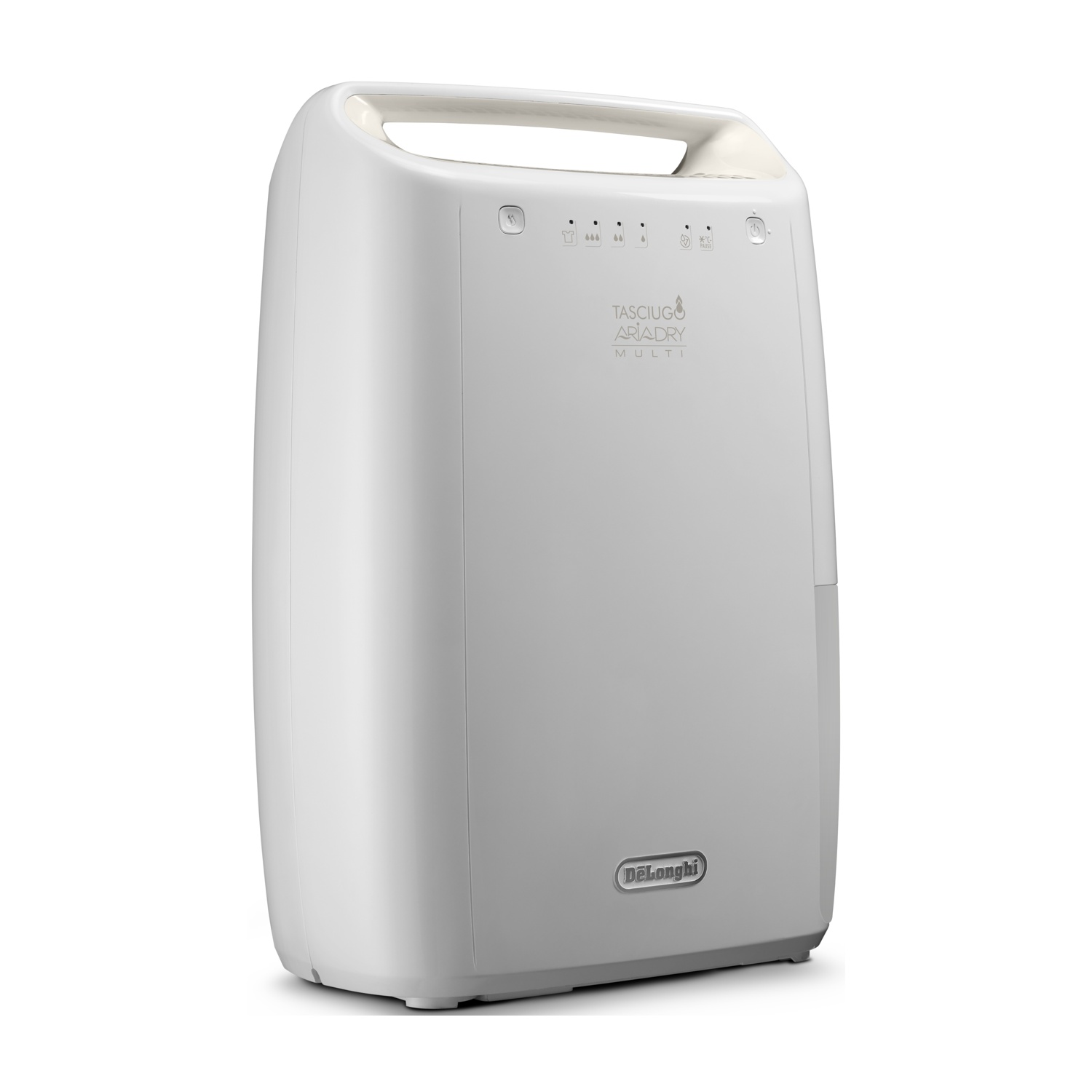 Un deumidificatore DeLonghi bianco con maniglia. Pulsanti di controllo e logo 'TASCIUGO ARIADRY MULTI'.