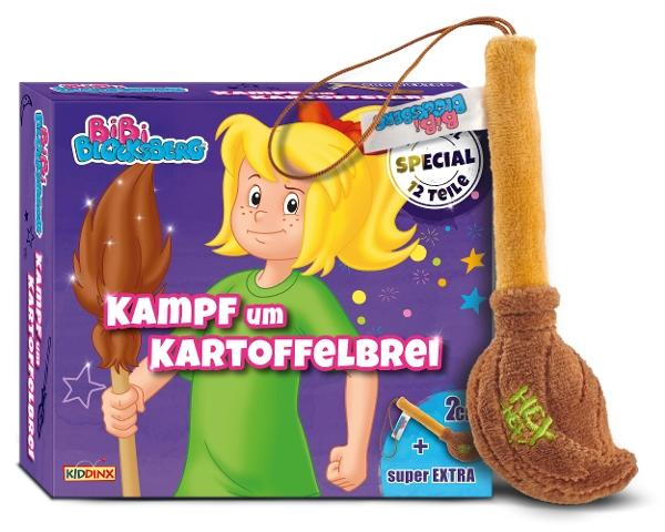 Ein Bibi Blocksberg Spielset. Die Box zeigt Bibi mit einem Besen. Daneben liegt ein Stoffbesen. Auf der Box steht 'Kampf um Kartoffelbrei'.