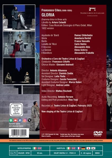 DVD-Cover mit Operndetails. Enthält Besetzung, Credits und Bilder aus der Aufführung von 'Gloria' von Francesco Cilea.