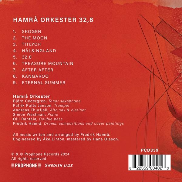 Albumcover für Hamrå Orkester 32,8. Roter Hintergrund mit Text. Titelliste, Bandmitglieder und Copyright-Details.