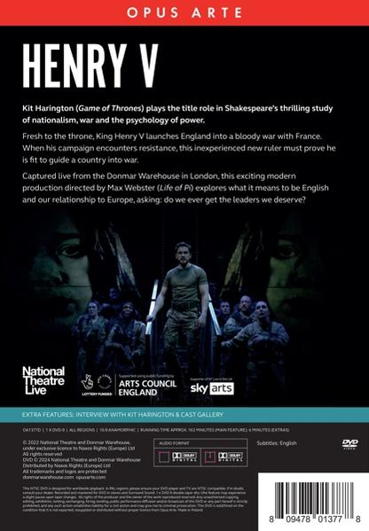 Poster für 'Henry V'. Kit Harington steht im Zentrum, umgeben von Schauspielern. Text beschreibt das Stück und Merkmale.