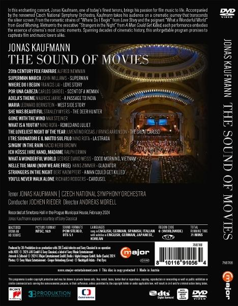 DVD-Cover: Jonas Kaufmann, 'The Sound of Movies'. Enthält Konzertdetails und Titelliste mit Orchester- und Dirigentennamen.