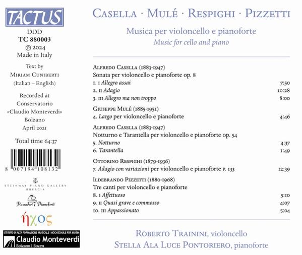CD-Cover mit Musikdetails. Titel: Casella, Mulé, Respighi, Pizzetti. Musik für Cello und Klavier. Enthält Titelzeiten und Interpreten.