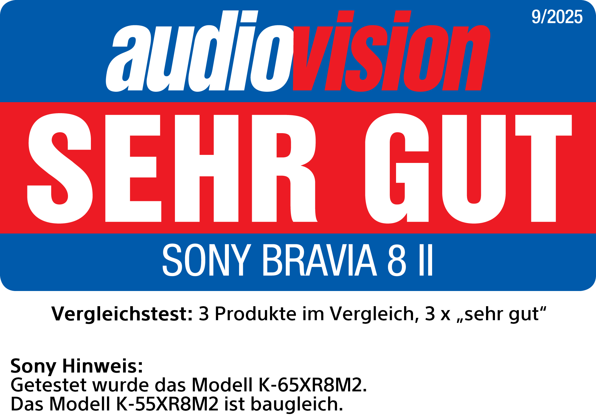 Bewertung von Sony Bravia 8 II mit 'SEHR GUT'. Logo, Text und Produktdetails werden angezeigt. Ein Datum 9/2025 ist sichtbar.