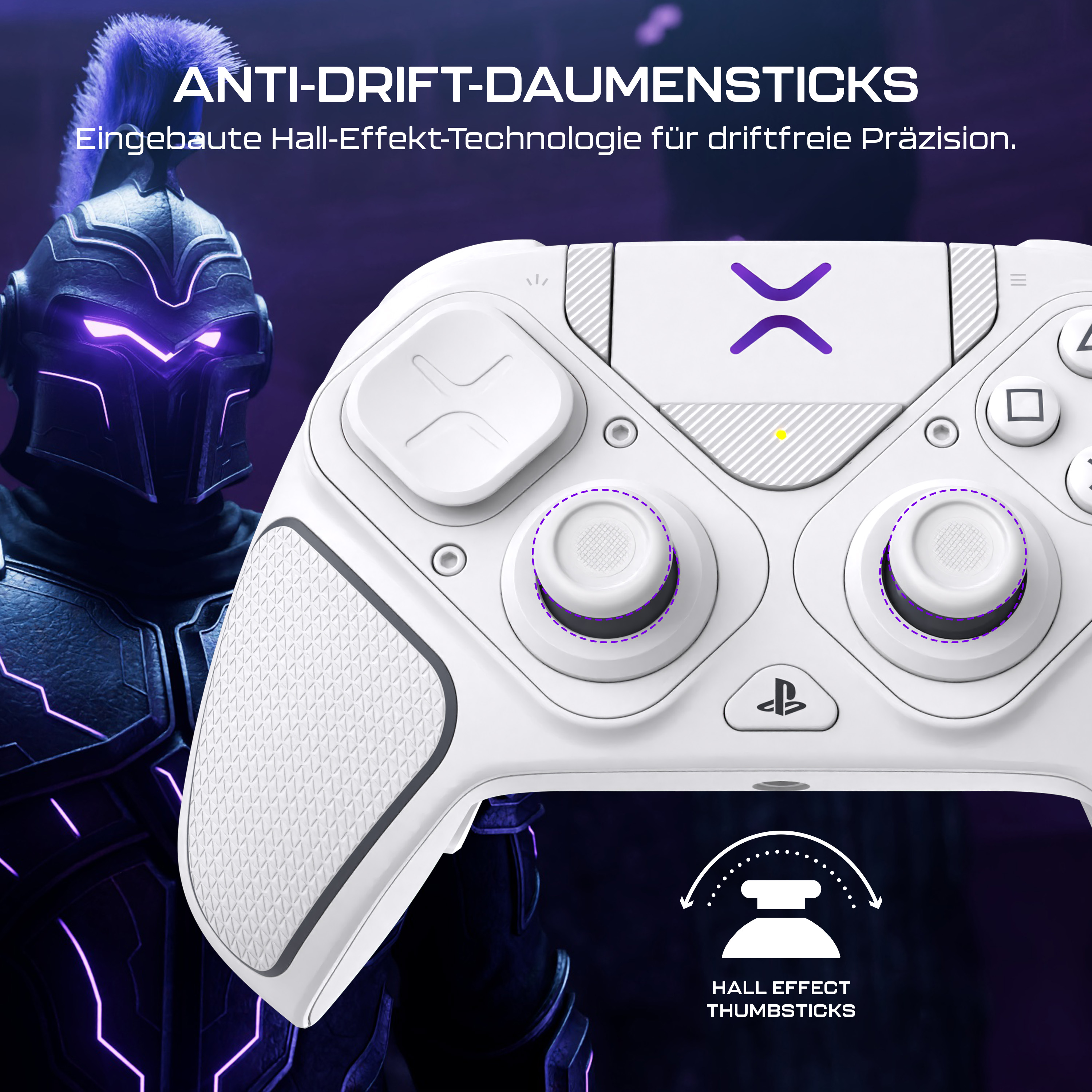 Ein weißer Controller mit einer schwarzen gepanzerten Figur im Hintergrund. Text: Anti-Drift Daumensticks und Hall Effect.