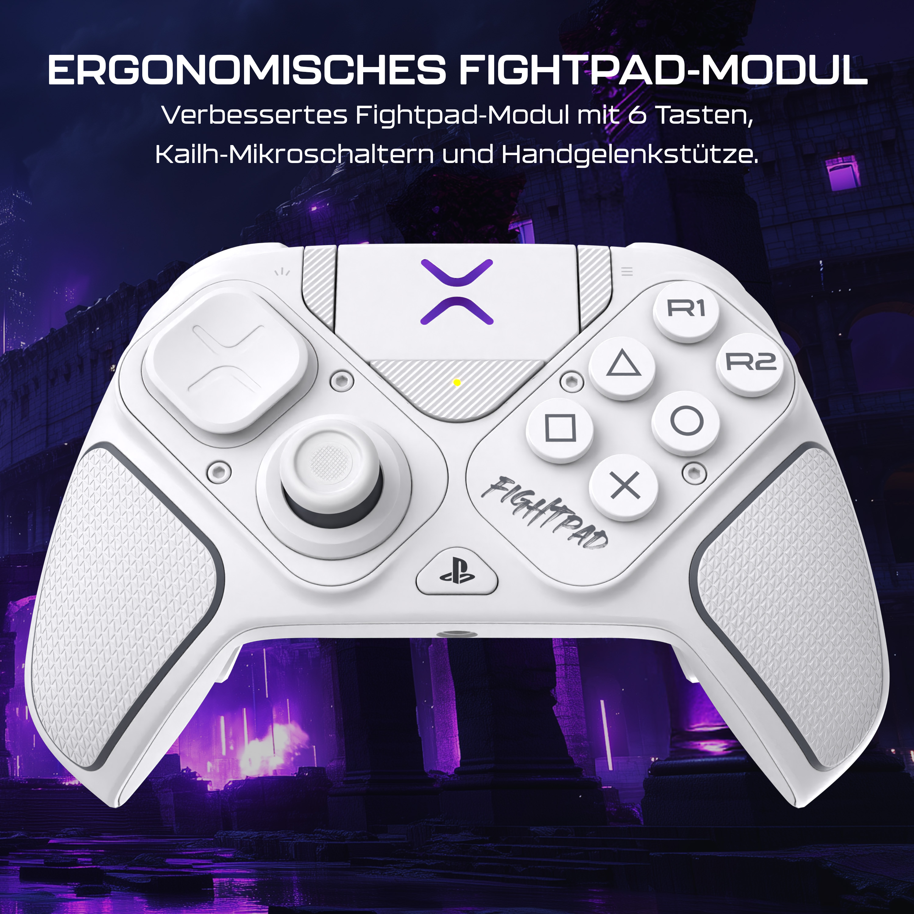 Ein weißer Fightpad-Controller mit Tasten, einem Joystick und einem strukturierten Griff, vor lila Hintergrund.