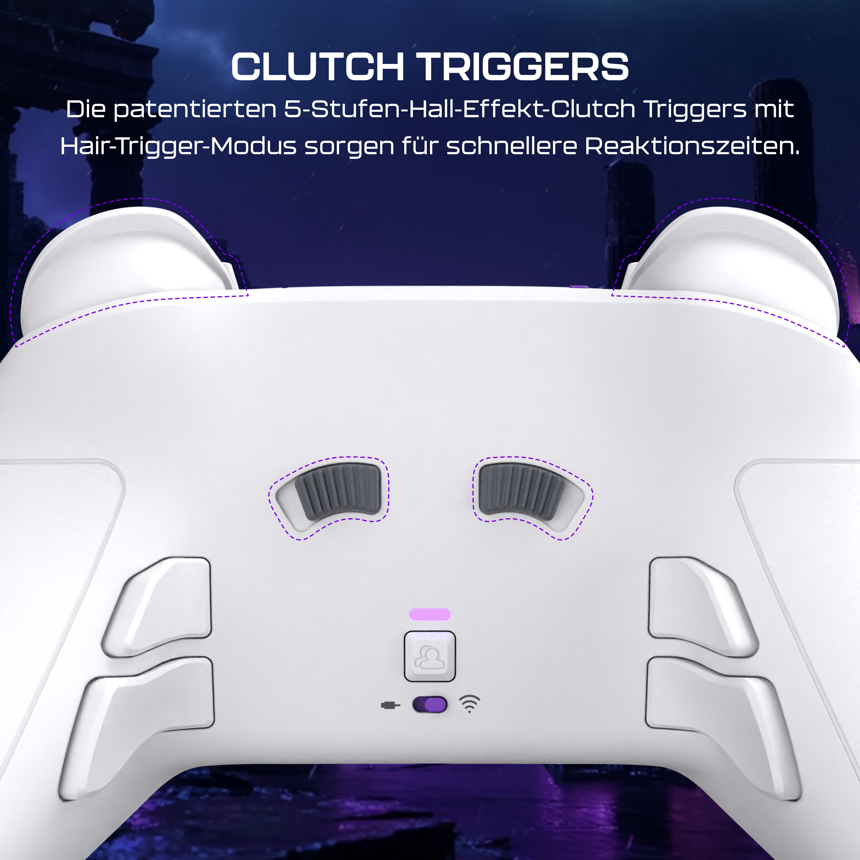Weißer Gamecontroller. Zu den Merkmalen gehören Auslöser, Tasten und eine drahtlose Verbindungsanzeige. Der Hintergrund ist dunkelblau.