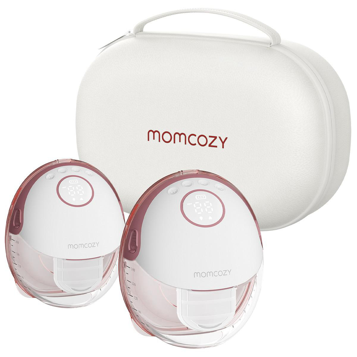 Ein weiß-rosa Momcozy-Brustpumpen-Set mit einer Hülle. Zwei Pumpen sind vorne, die Hülle hinten. Jede Pumpe hat ein digitales Display.
