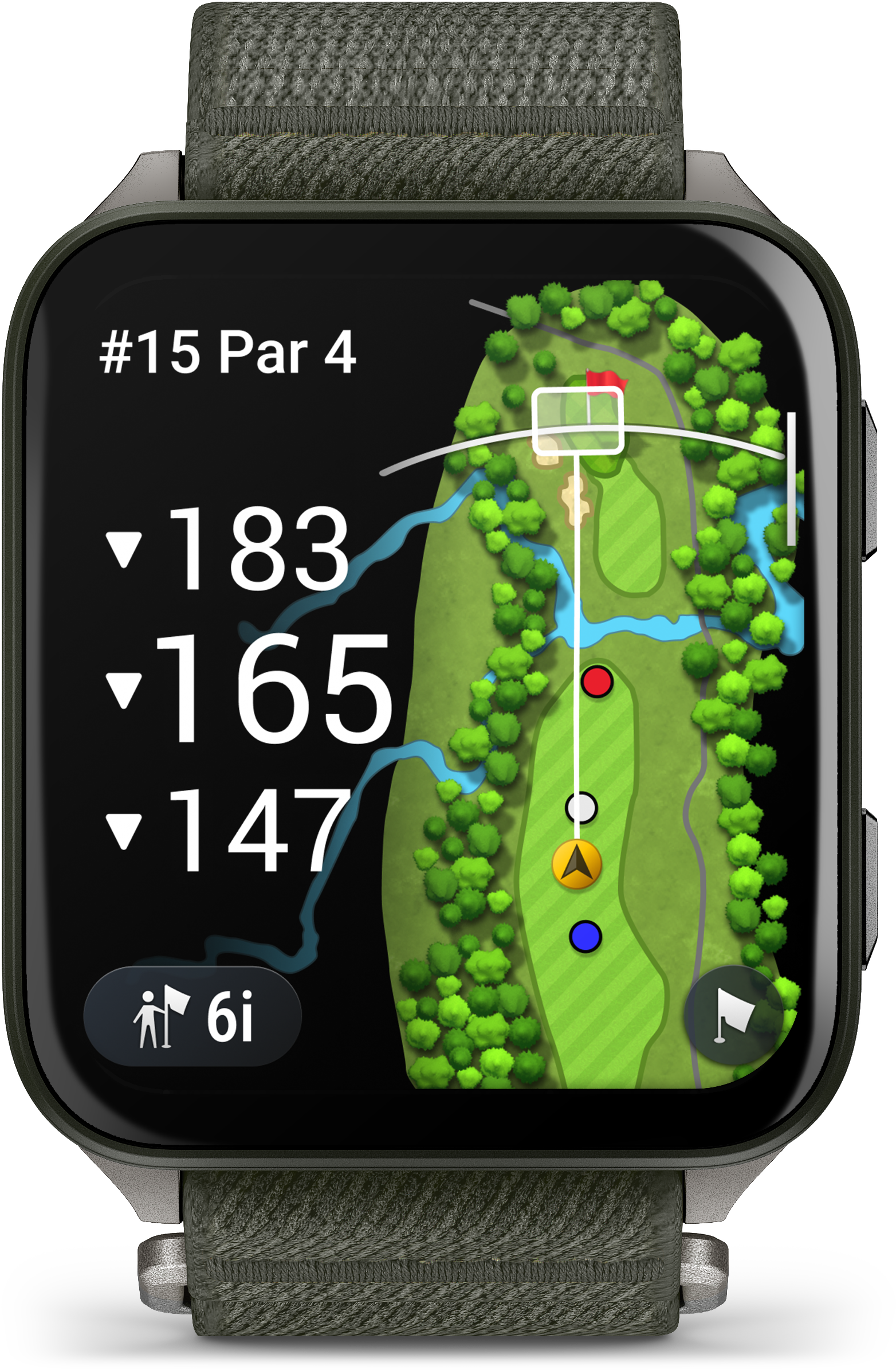 Egy golfóra pályainformációkat jelenít meg, beleértve a távolságot, a part és a lyuk térképét a zászló helyével.
