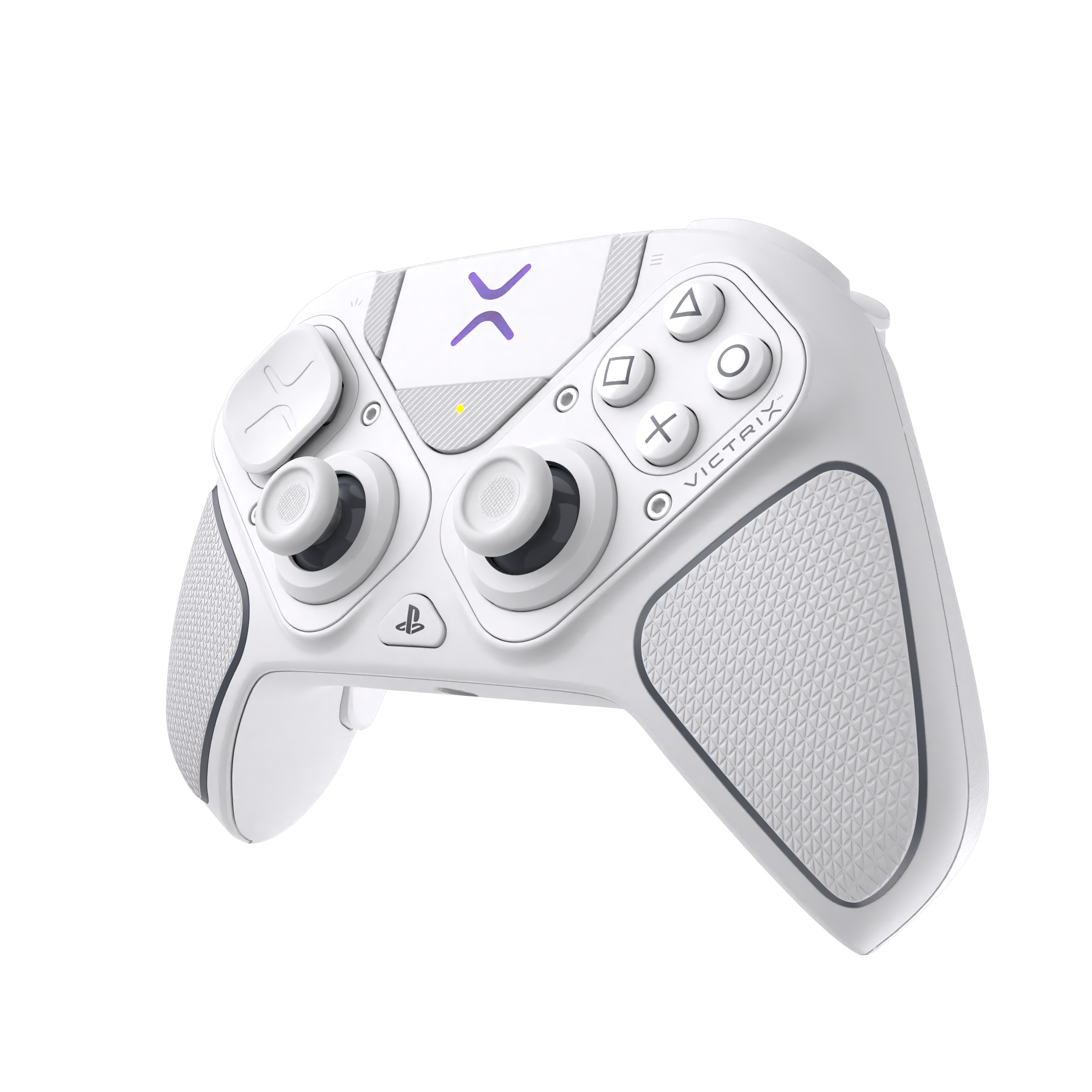 Ein weißer Victrix-Controller mit grauen Akzenten, Knöpfen und einem lila Logo auf schwarzem Hintergrund.