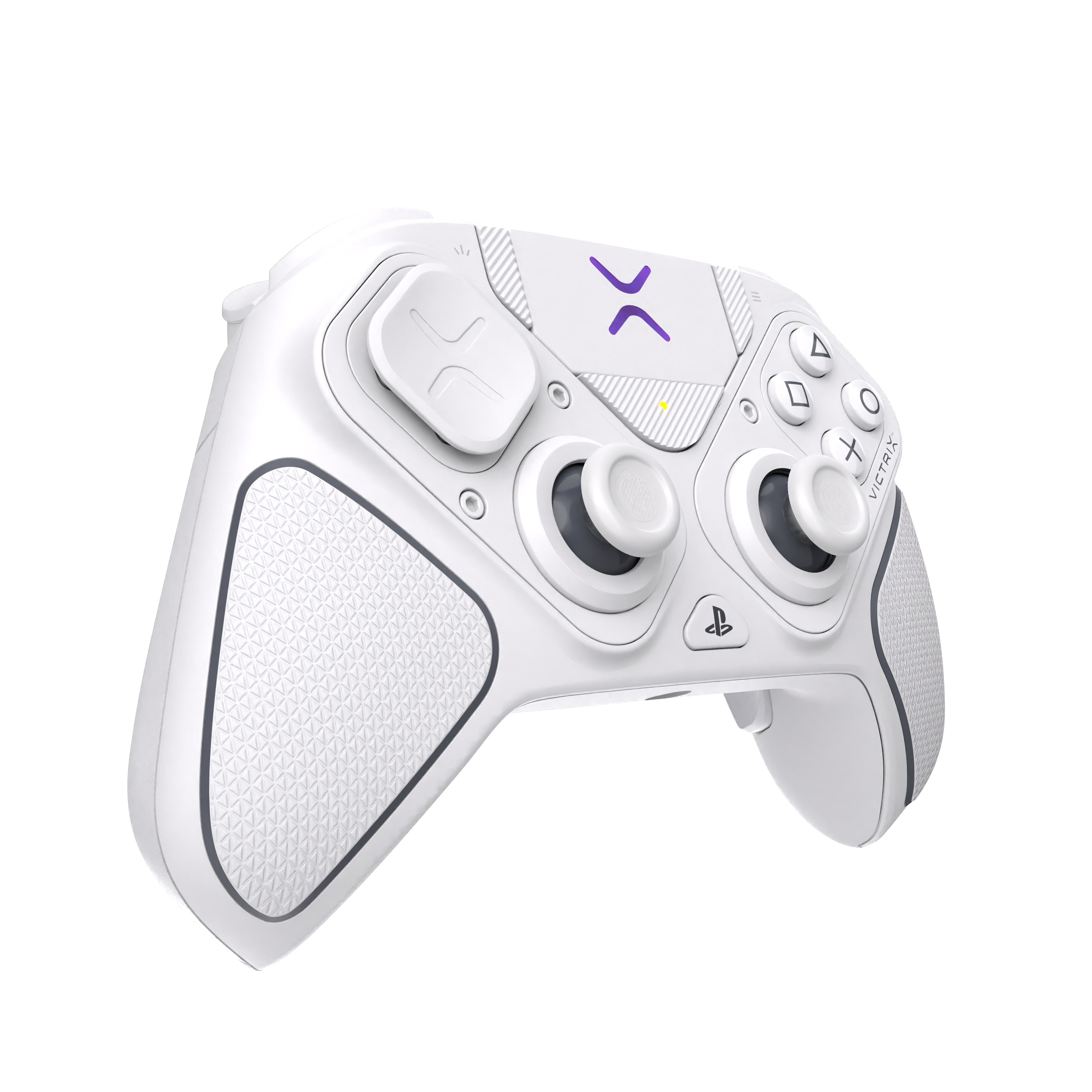 Ein weißer Gamecontroller mit lila Akzenten. Er hat Knöpfe, Joysticks und ein PlayStation-Logo. Der Hintergrund ist schwarz und weiß.