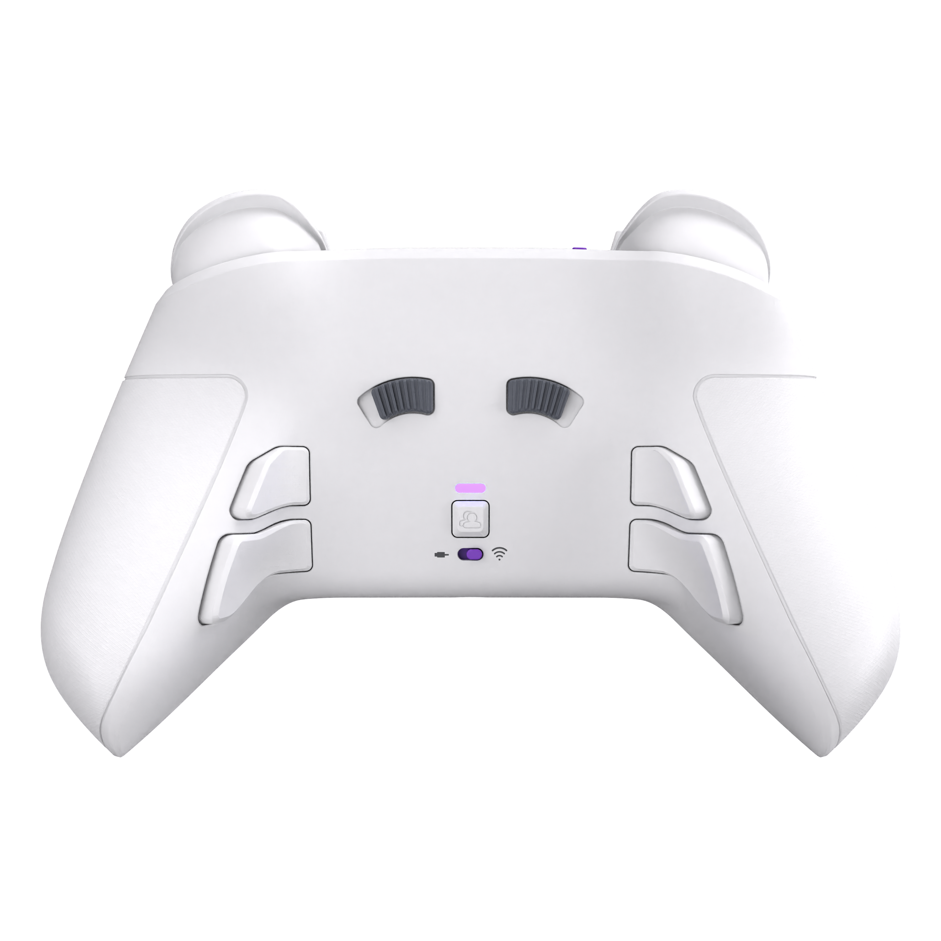 Ein weißer Gaming-Controller. Er hat verschiedene Tasten, Auslöser und eine zentrale Taste mit Glockensymbol.