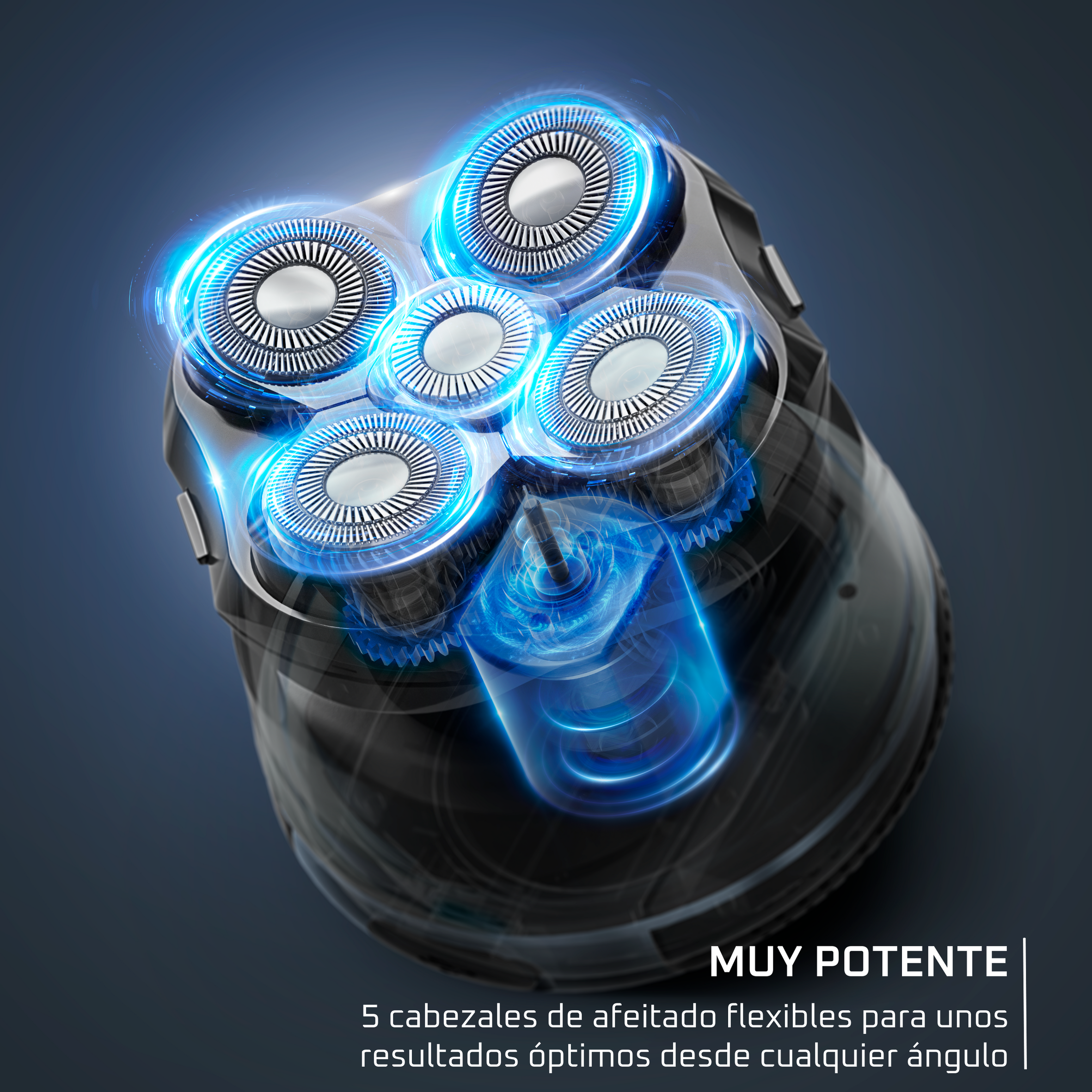 Primer plano de una afeitadora con 5 cabezales. Acentos de luz azul brillante en las cuchillas y el cuerpo. Fondo azul oscuro.