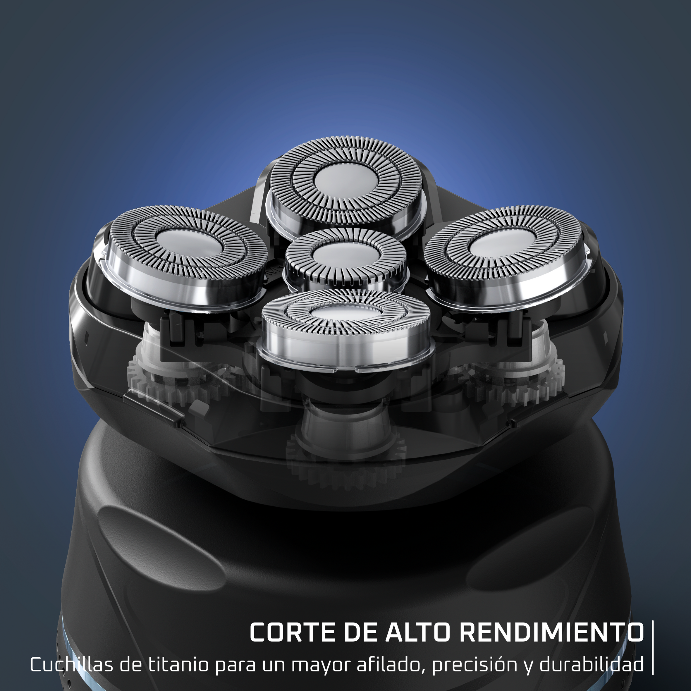 Primer plano de un cabezal de afeitadora eléctrica negra con cinco cuchillas plateadas. El fondo es azul oscuro.