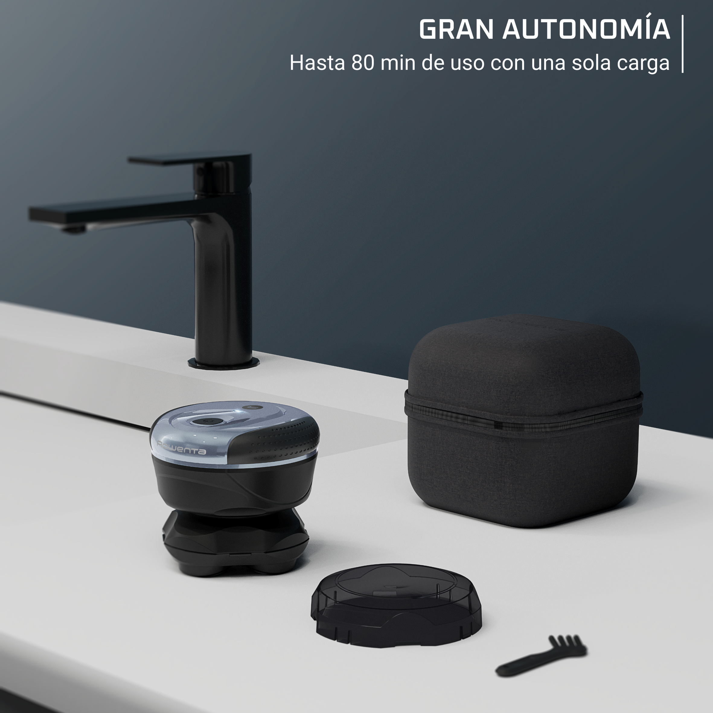 Una afeitadora negra y gris, funda y accesorios sobre una superficie blanca, con un grifo negro.