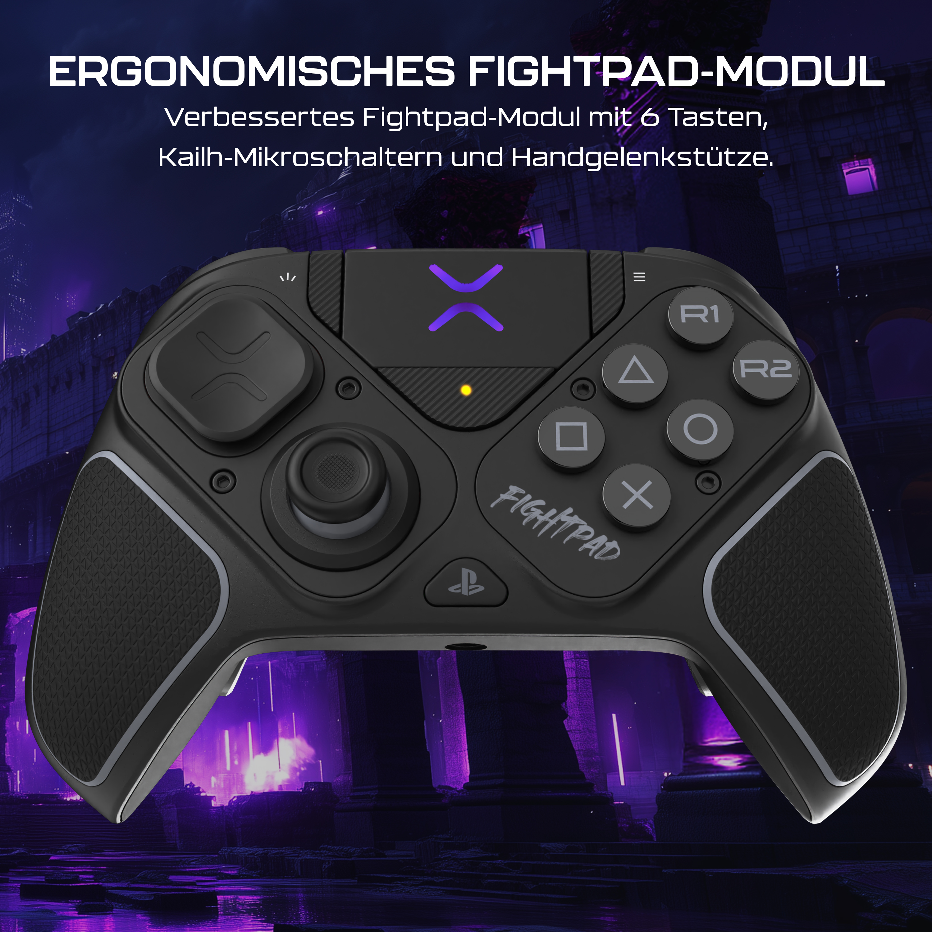 Schwarzer Fightpad-Controller mit Tasten und lila Hintergrund.