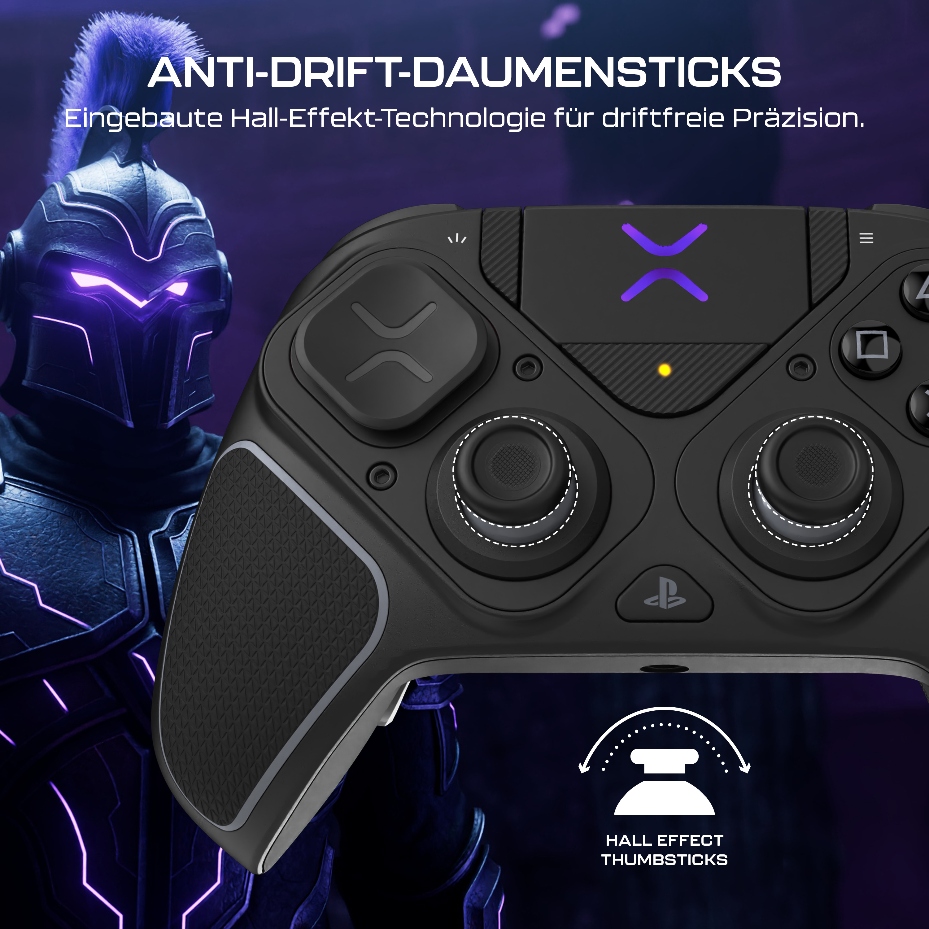 Ein schwarzes Gamepad mit lilafarbenen Akzenten und ein futuristischer Krieger im Hintergrund.