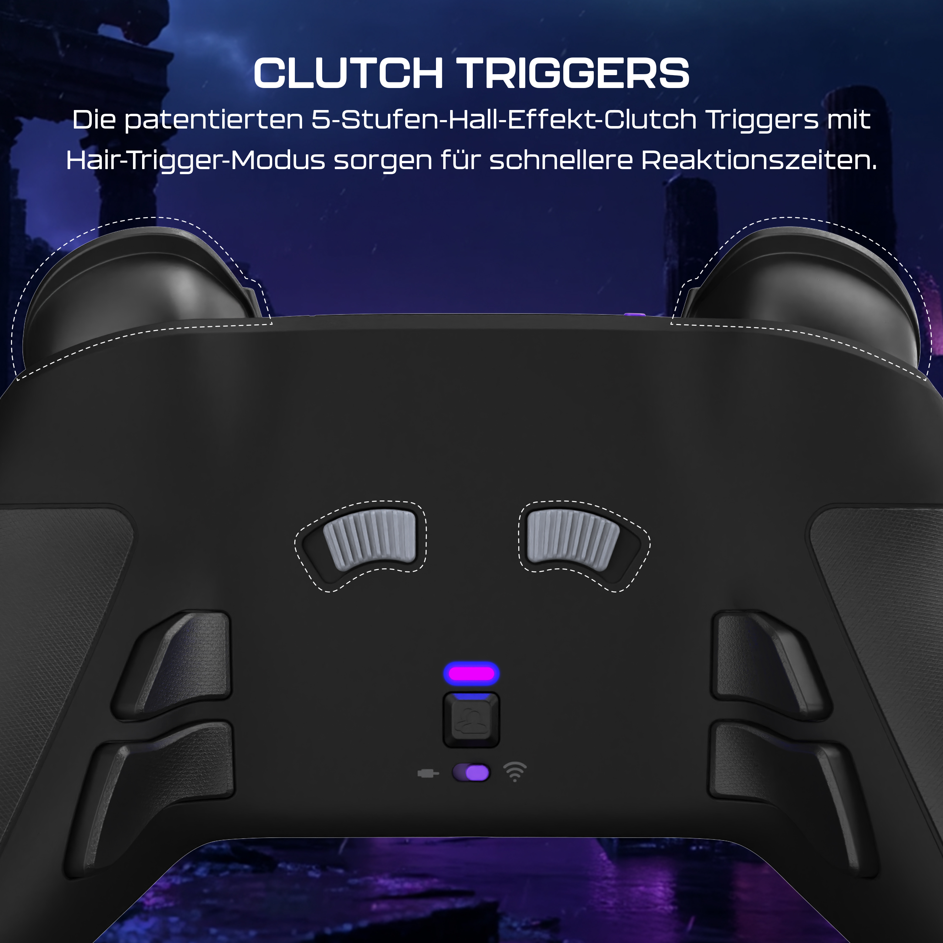 Schwarzer Gamecontroller. Hat Knöpfe, Auslöser und Lichter. Text oben lautet 'Clutch Triggers'.