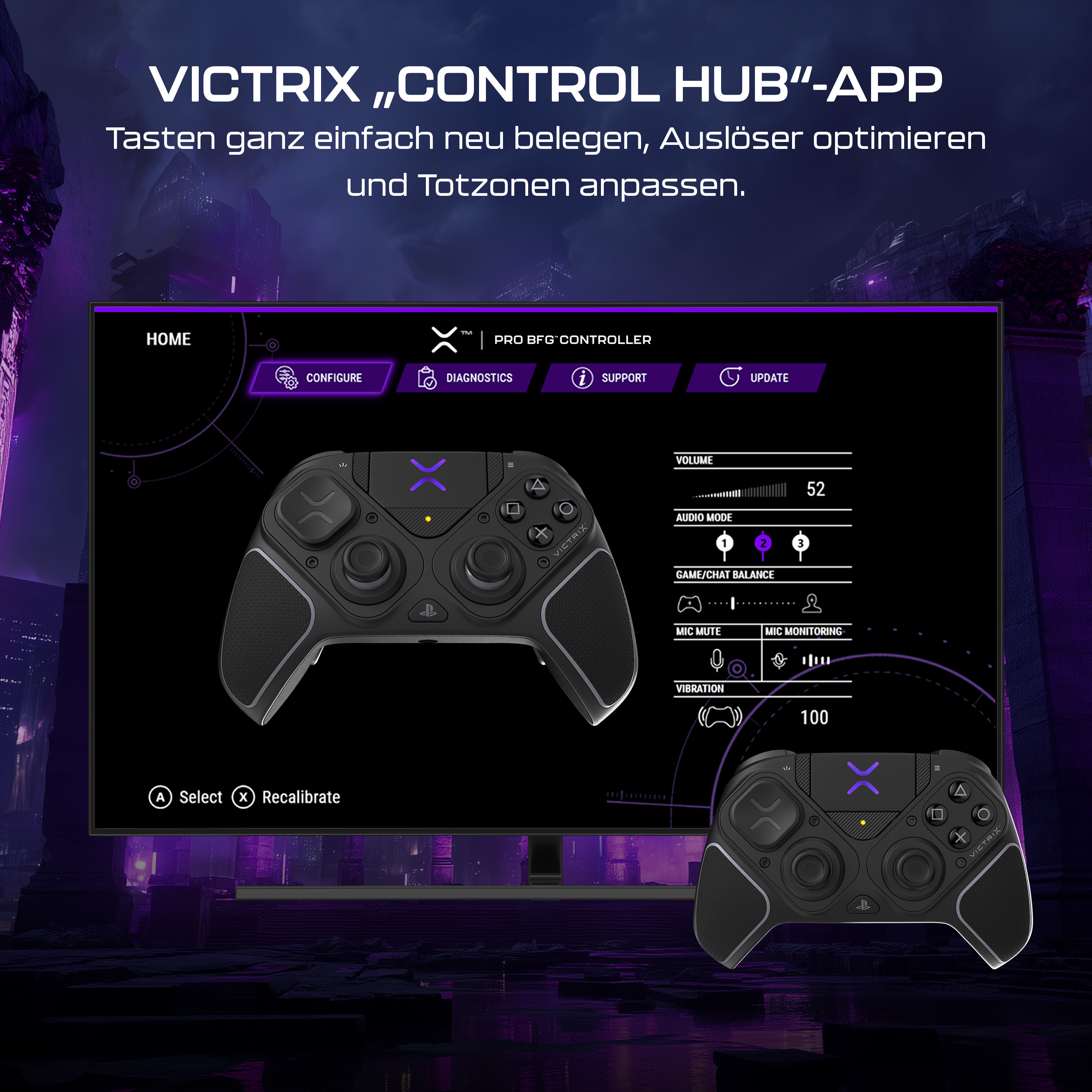 Schwarzer Controller mit Bildschirm, der Einstellungen anzeigt. Tasten und Funktionen werden hervorgehoben. Hintergrund zeigt Stadtlandschaft.