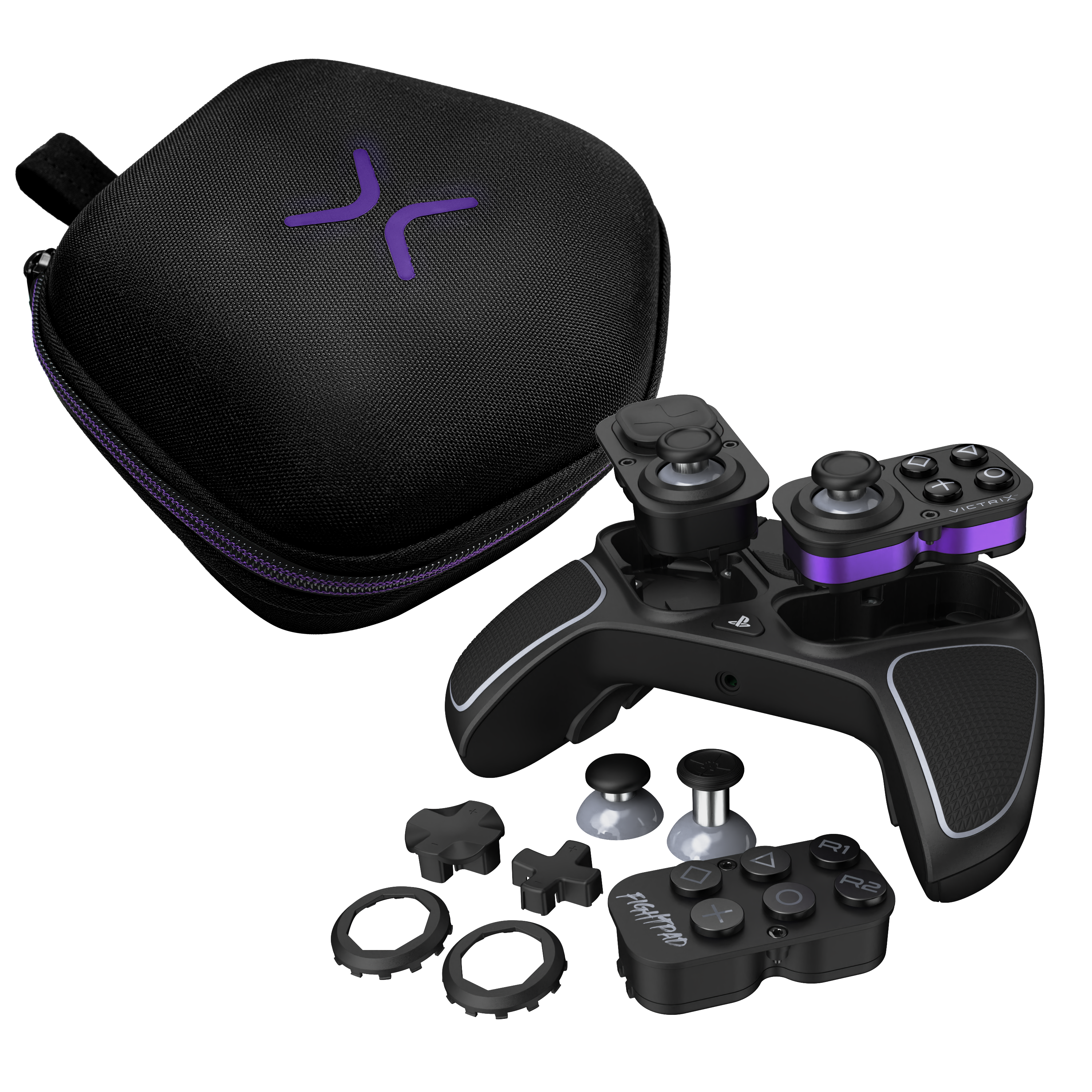 Schwarzer Victrix-Controller mit Extrateilen und Hülle. Hülle hat ein lila Logo. Controller hat lila Akzente und zusätzliche Tasten.