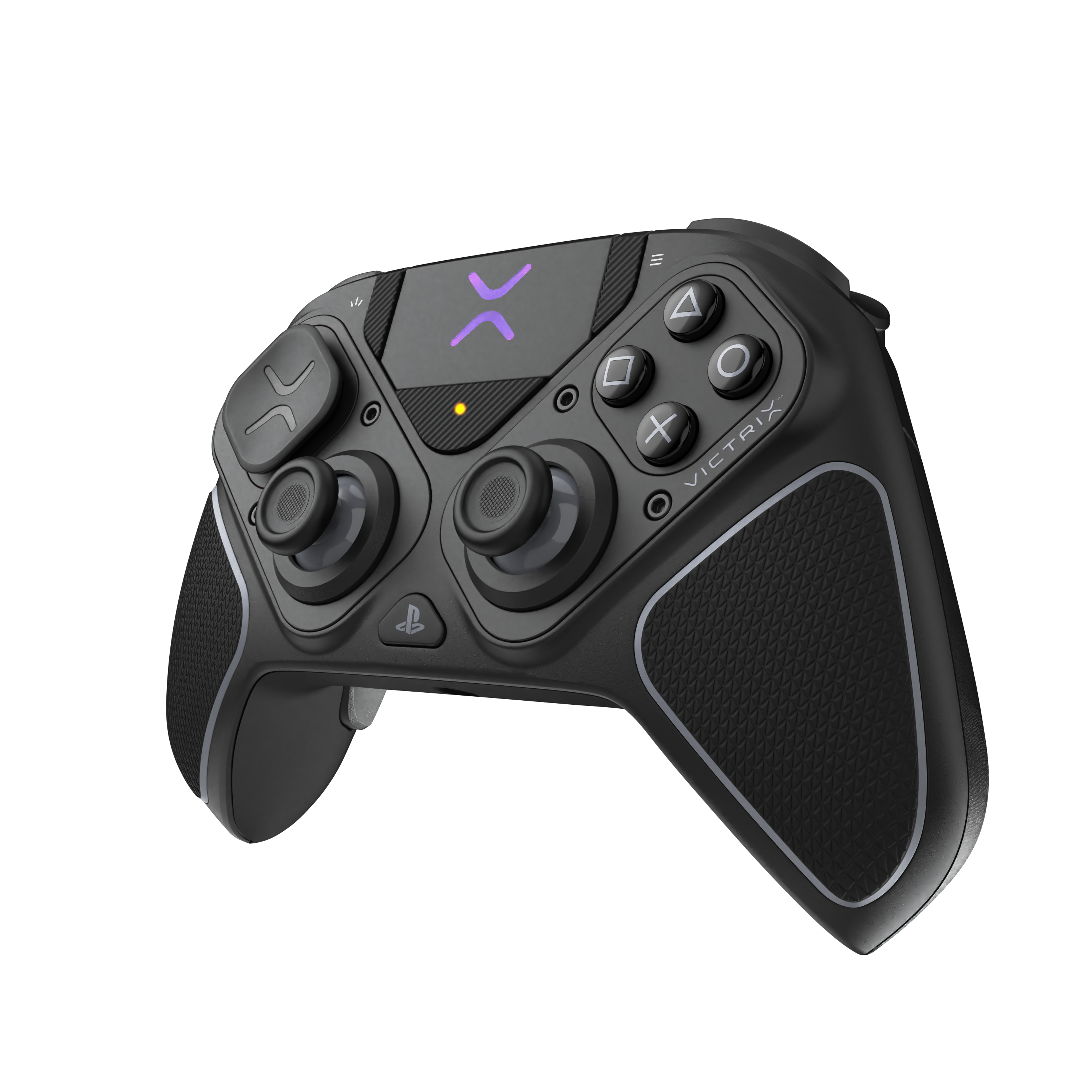 Schwarzer Victrix-Controller mit lila Logo und Knöpfen auf schwarzem Hintergrund. Er hat strukturierte Griffe und ein schlankes Design.