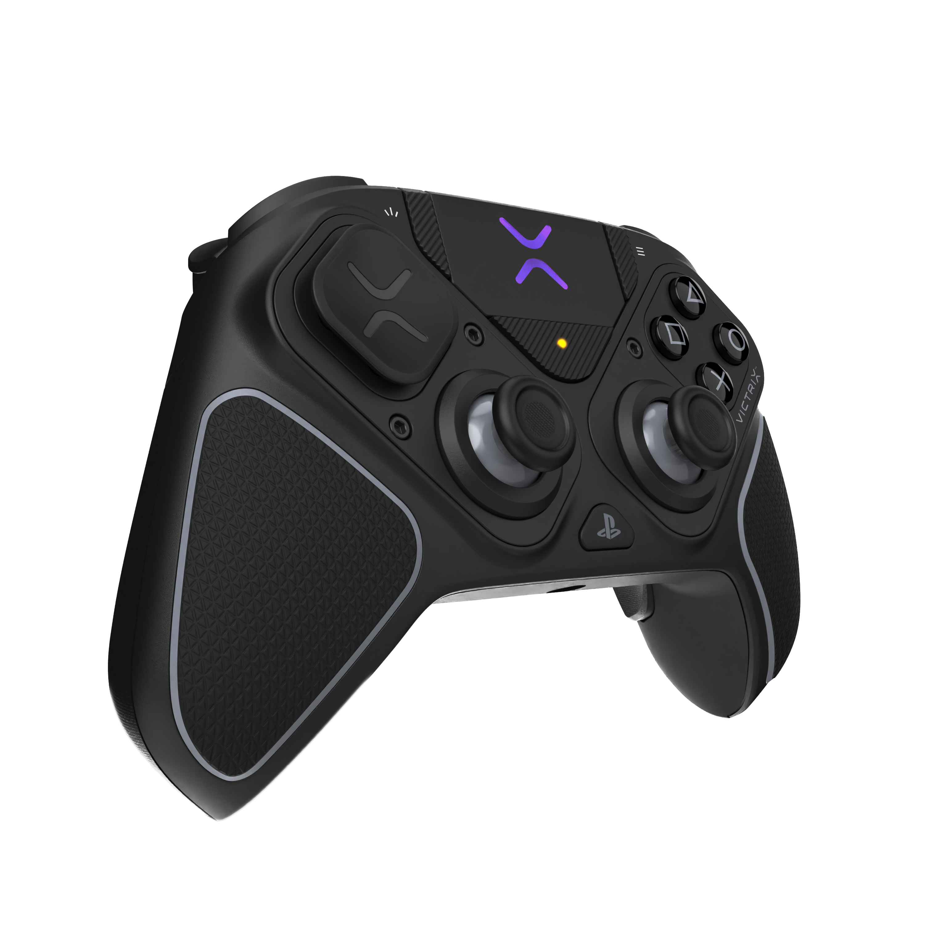 Schwarzer Victrix PS5-Controller. Mit Tasten, Joysticks und strukturierten Griffen. Lila Logo oben und ein schwarz-weißer Hintergrund.