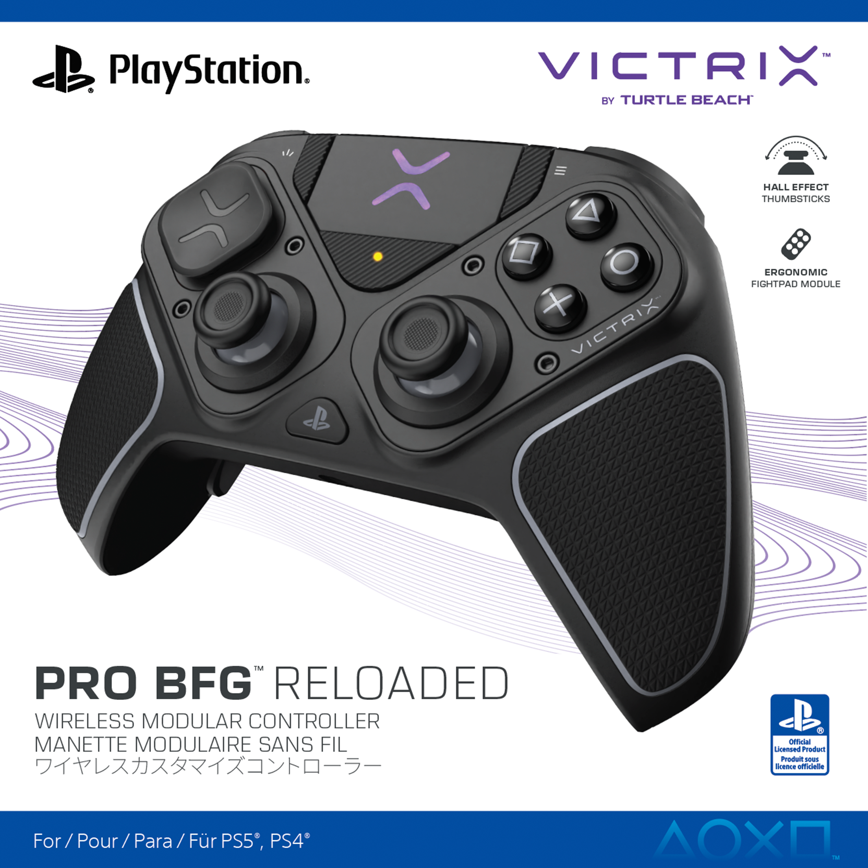 Schwarzer Victrix Pro BFG Reloaded Wireless-Controller für PS5/PS4. Mit Tasten, Thumbsticks und ergonomischem Design.