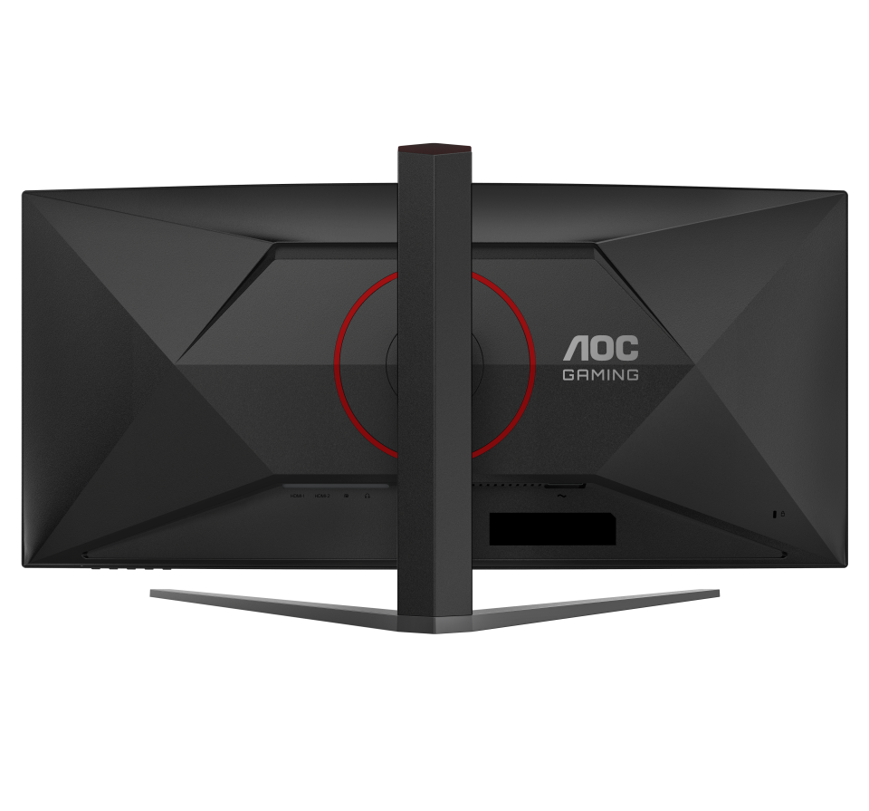 Fekete AOC gaming monitor hátulnézete, piros díszítéssel. A tartó középen. Portok és a márka logója látható.