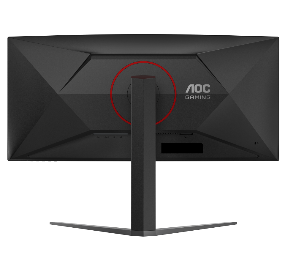 Egy fekete AOC gaming monitor hátulja látható. Piros gyűrű van a tartó csatlakozása körül és az AOC logó.