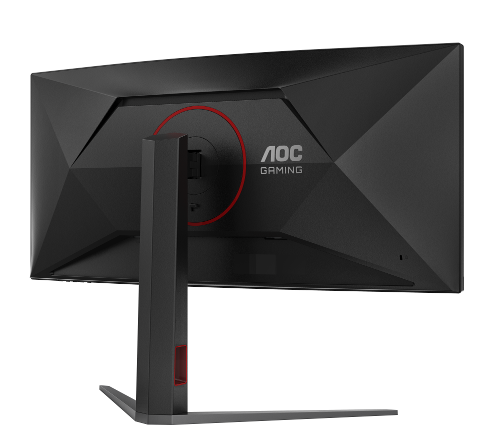 Egy fekete AOC gaming monitor hátulnézete piros kör alakú díszítéssel. Az állvány szintén fekete, és piros díszítéssel rendelkezik.