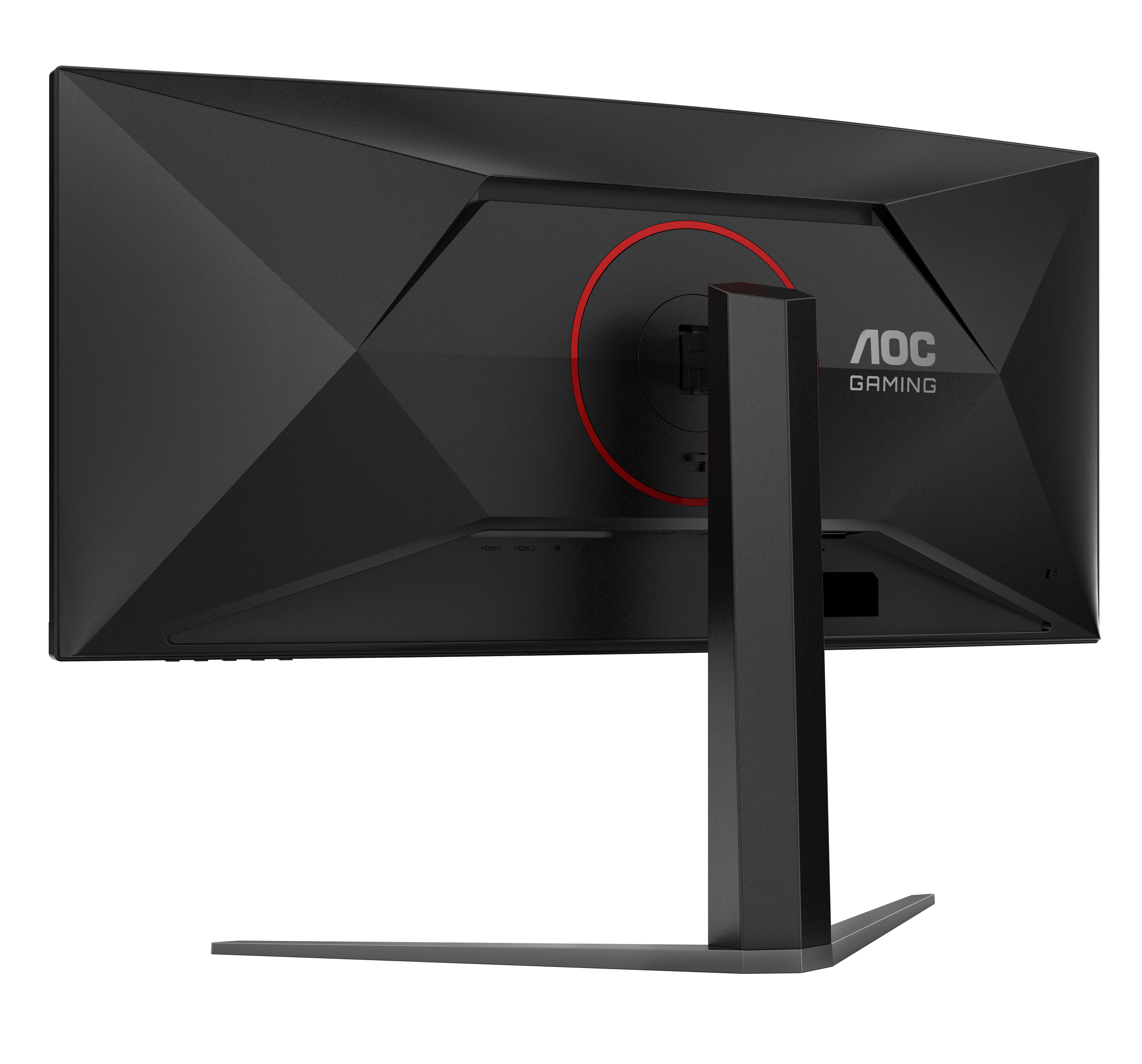 Fekete AOC gaming monitor hátulról. Piros kör részlet. Fekete állvány. Fehér háttér.