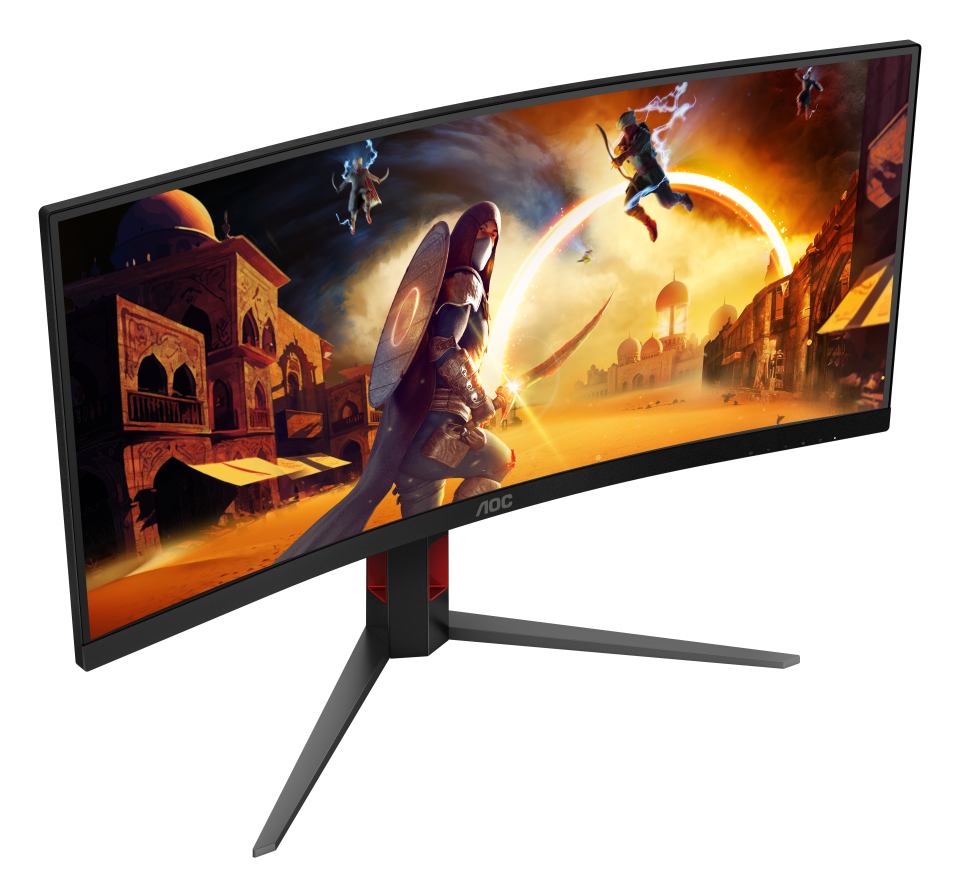 AOC ívelt monitor egy fantasy játék jelenetet mutat. Harcos pajzzsal és karddal az előtérben, épületek és sivatag a háttérben.