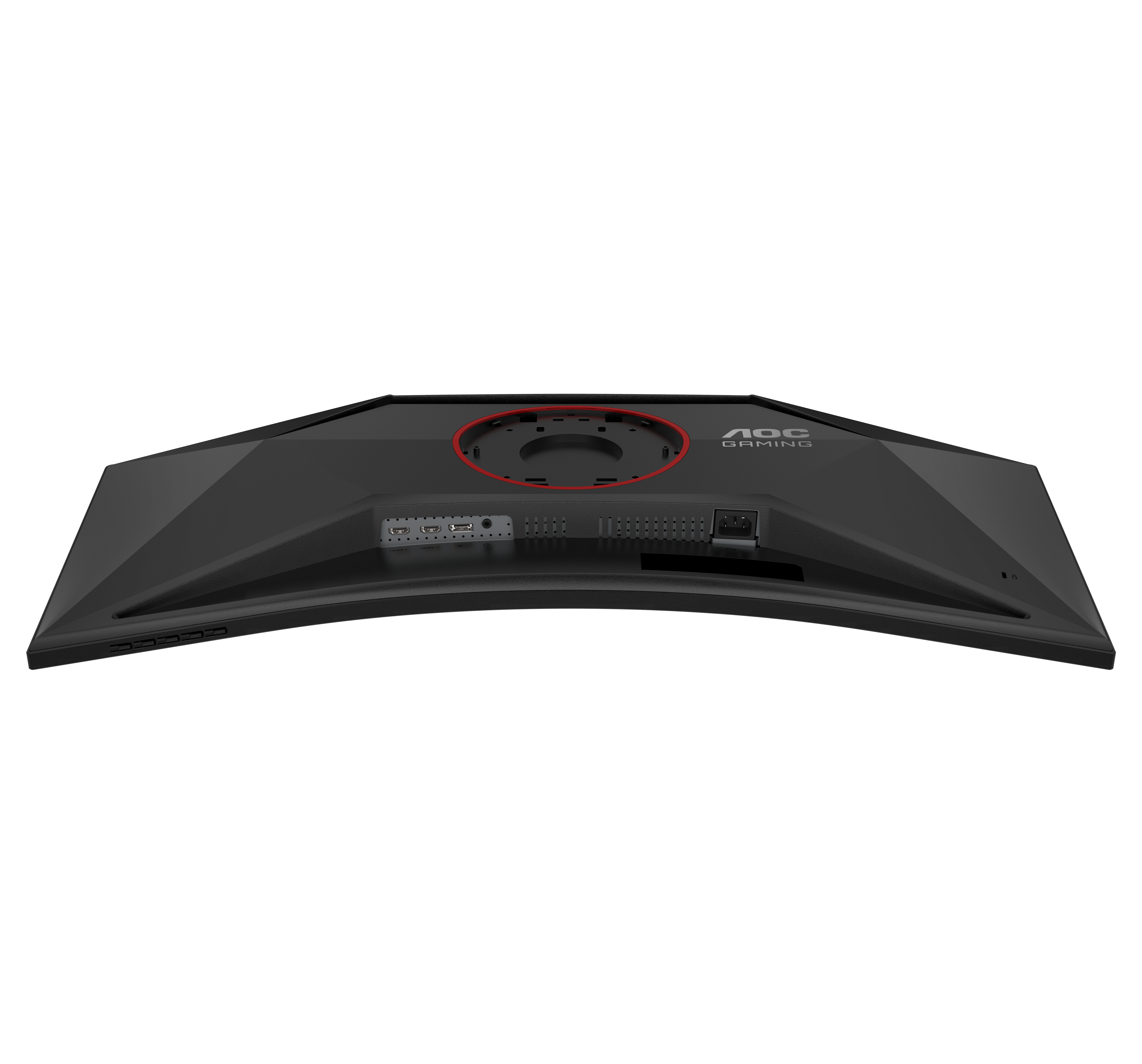 Egy fekete AOC gaming monitor hátulja. Portokat, tápbemenetet és AOC Gaming logót tartalmaz.