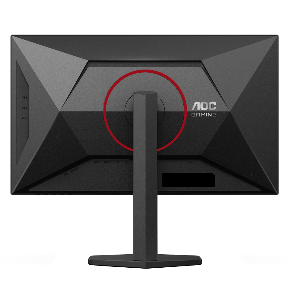 Egy fekete AOC gamer monitor hátulja. Csatlakozókkal, piros gyűrűvel és az AOC Gaming logóval. Az állvány is fekete.