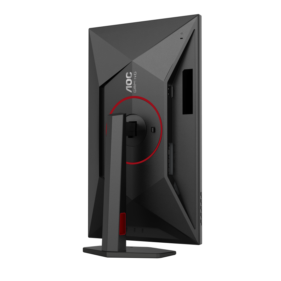 Egy fekete AOC gaming monitor hátulja. Egy piros kör emeli ki az állvány rögzítését. Az állvány és az alap szürke.