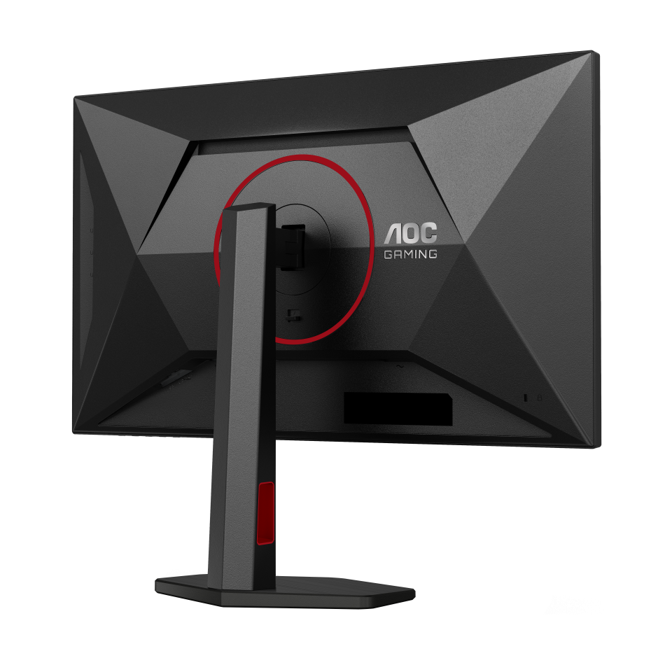 Egy fekete AOC gamer monitor hátulja. A tartó csatlakozása körül egy piros kör található. A tartó szürke, piros díszítéssel.
