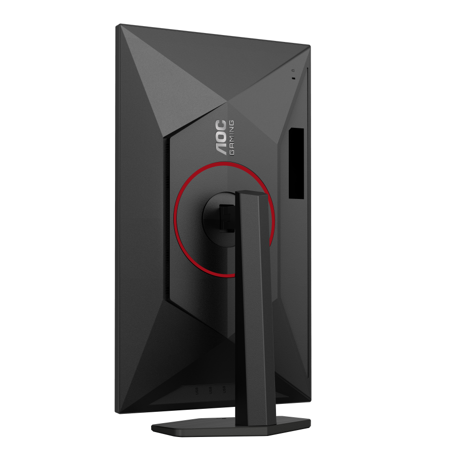 Egy fekete AOC gaming monitor hátulja. Egy piros kör veszi körül az állványt. Az állvány szürke, látható az AOC logó.