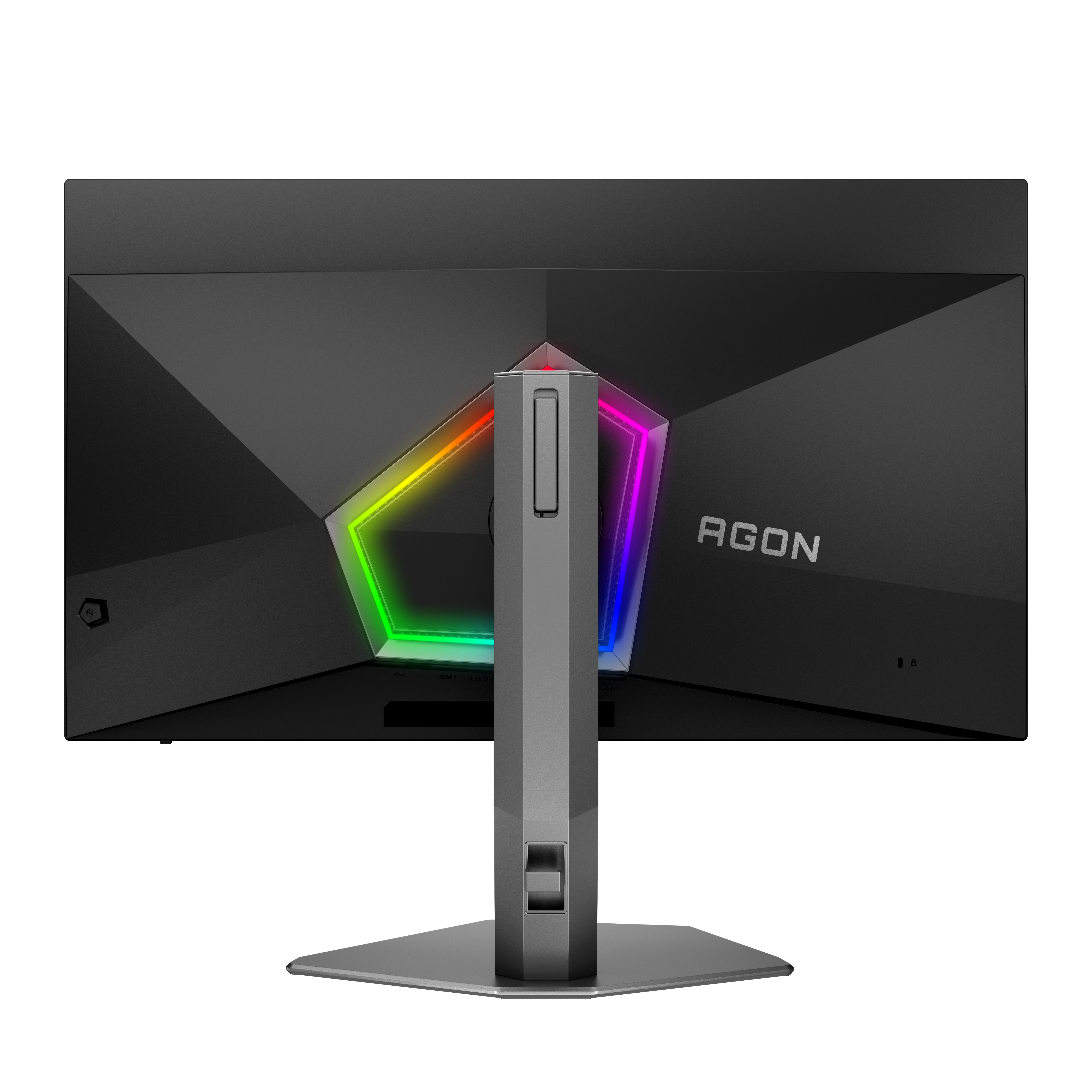 Fekete számítógép-monitor hátulról, RGB világítással. Látható az állvány és a hátlap, az AGON logóval.