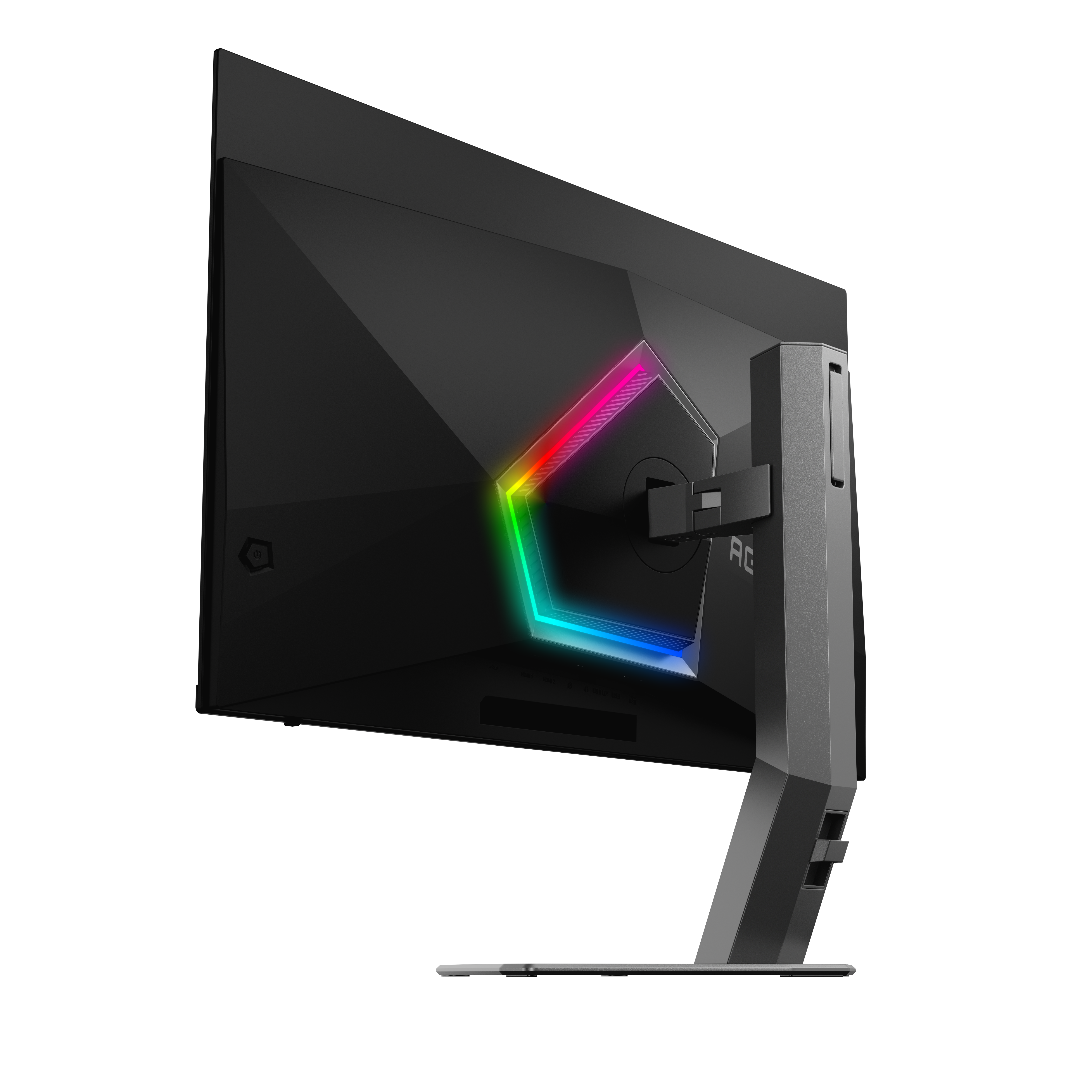 Egy fekete számítógép-monitor színes LED-fénnyel. A hátlap szögletes. Az állvány ezüst.